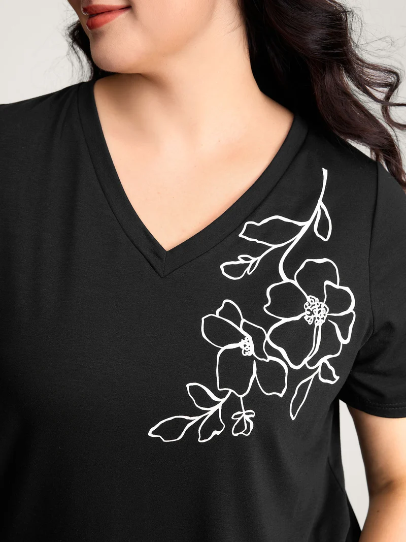 Floral Print V-Neck Half Sleeve T-Shirt