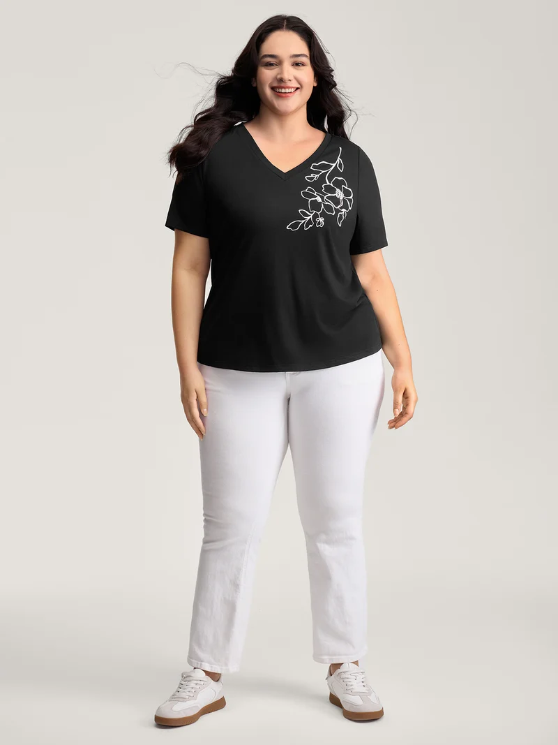 Floral Print V-Neck Half Sleeve T-Shirt