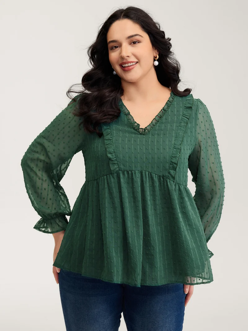 Ruffle Textured Lace Trim Blouse