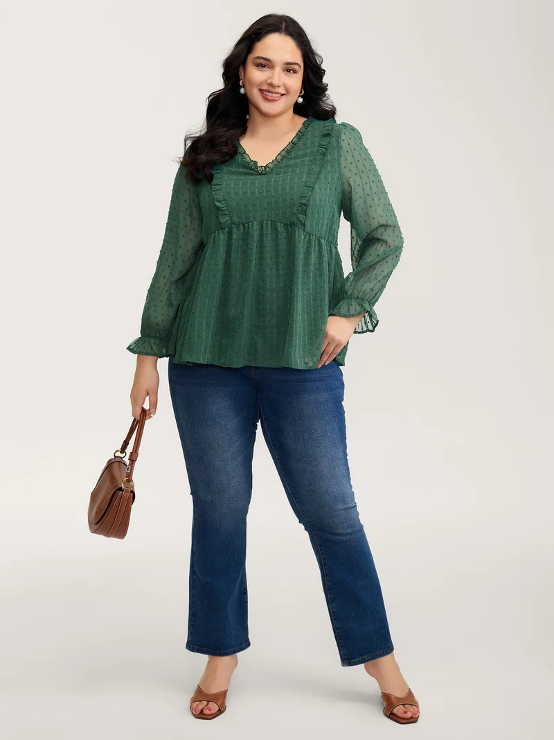 Ruffle Textured Lace Trim Blouse