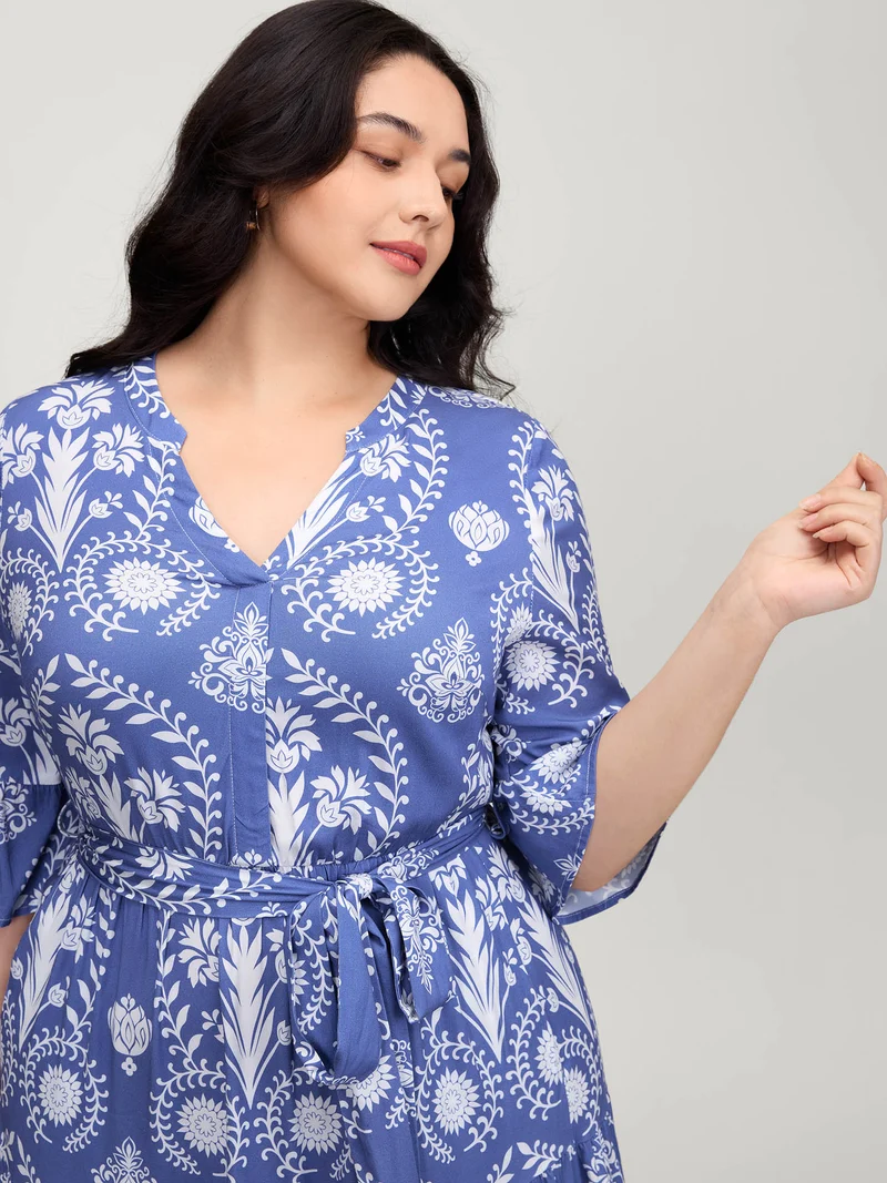 Boho Print Belted Side Pockets Midi Dress