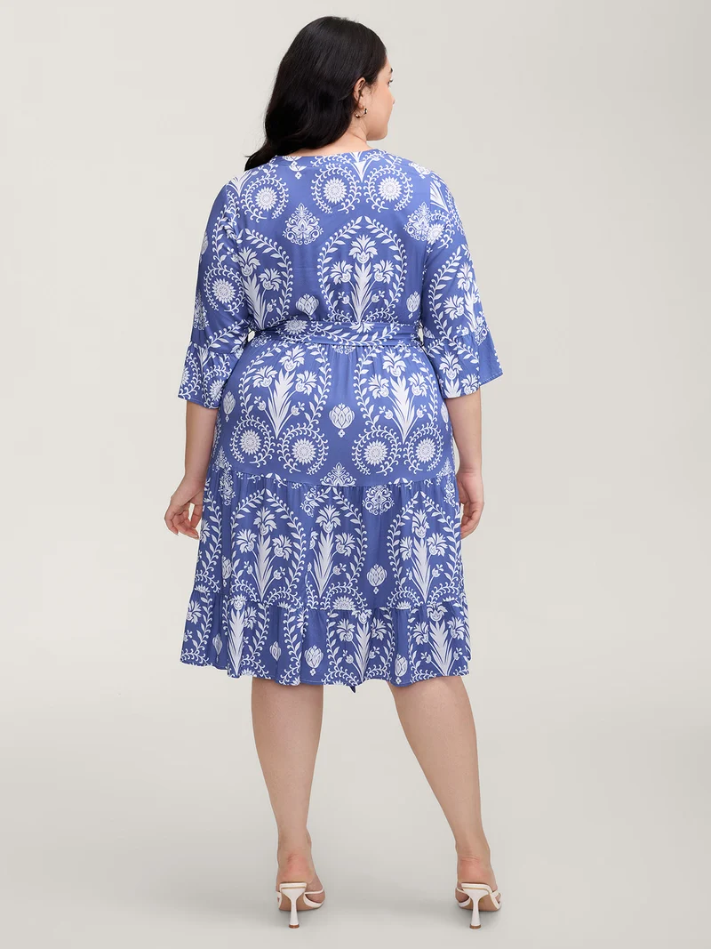 Boho Print Belted Side Pockets Midi Dress