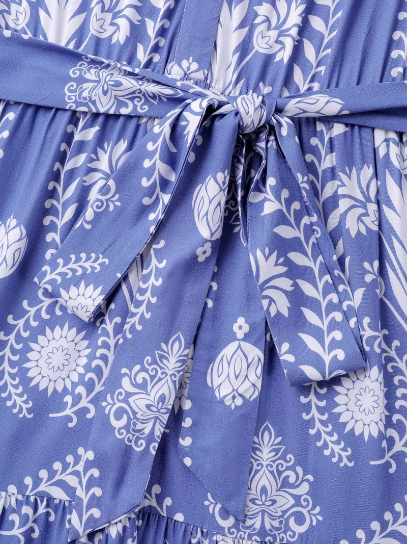 Boho Print Belted Side Pockets Midi Dress