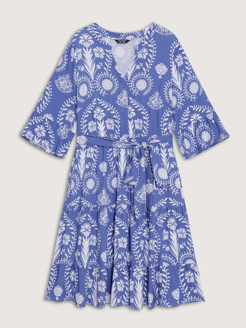 Boho Print Belted Side Pockets Midi Dress