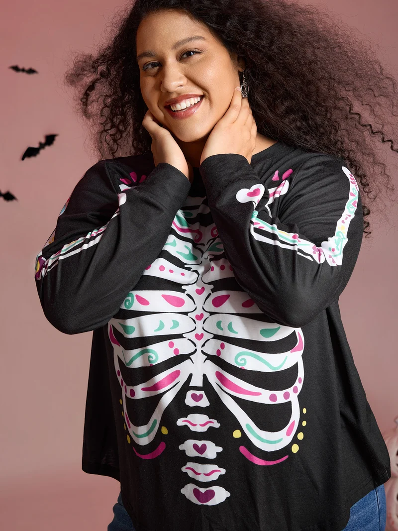 Party Skeleton Print Knit Halloween T-Shirt