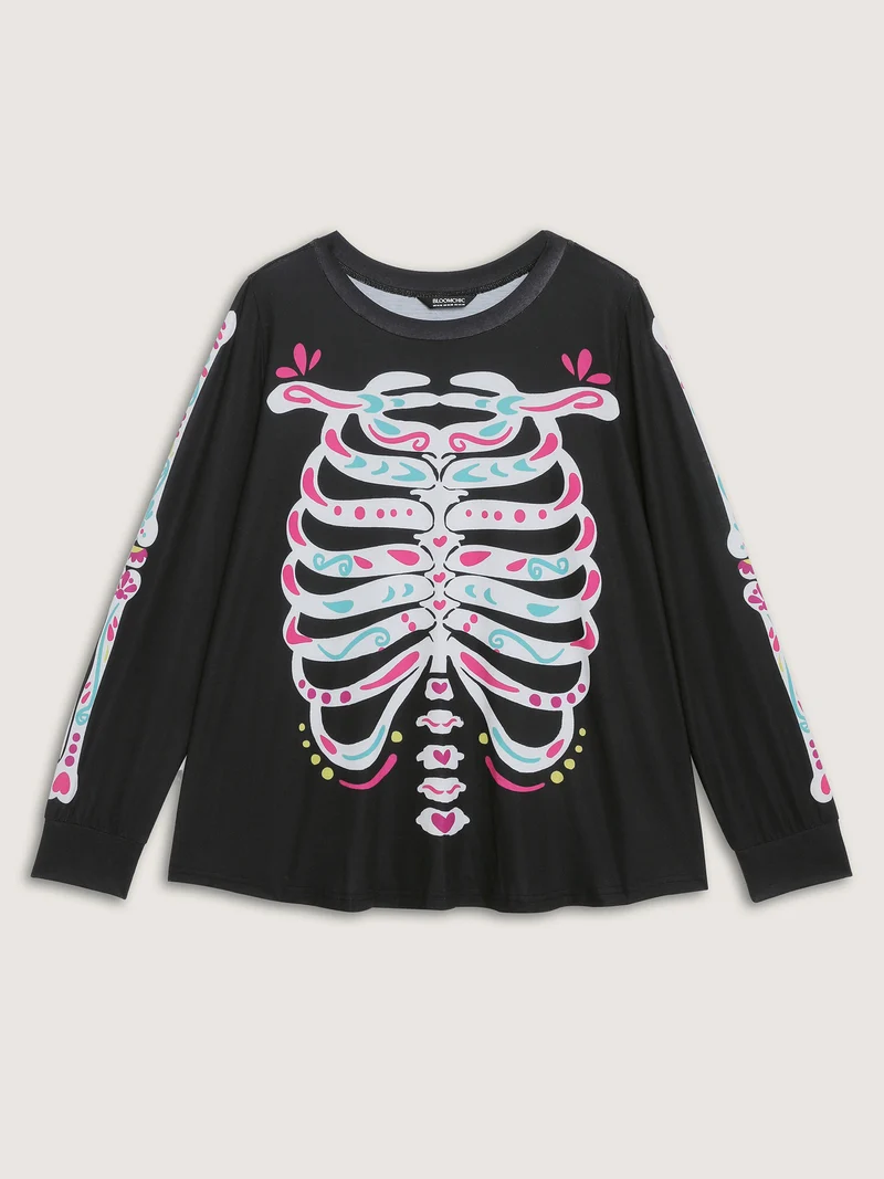 Party Skeleton Print Knit Halloween T-Shirt