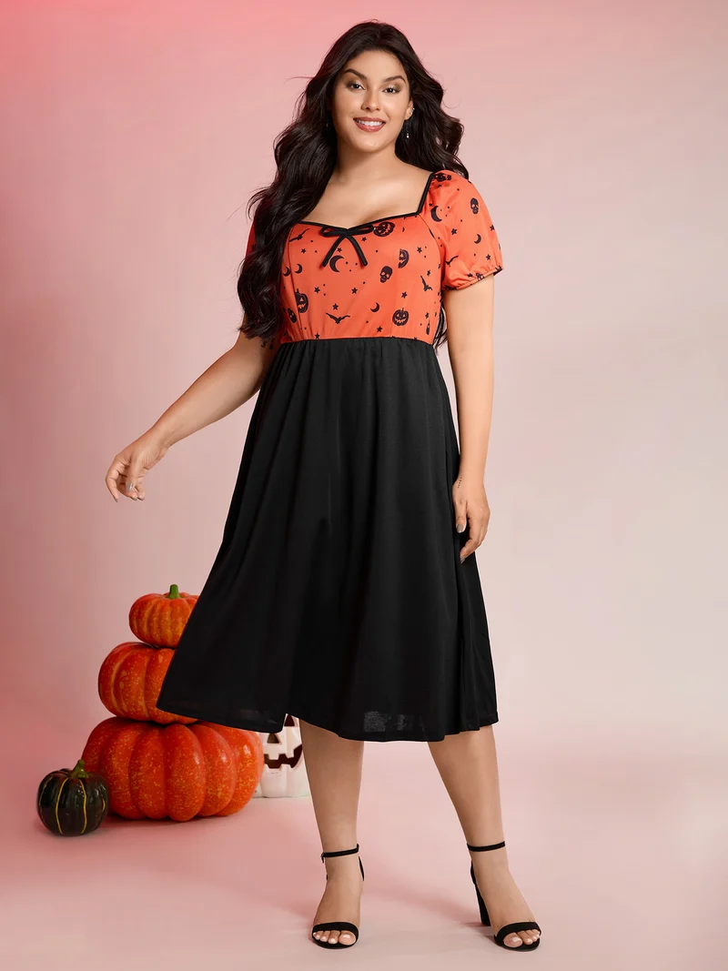Scary Halloween Print Colorblock Midi Dress