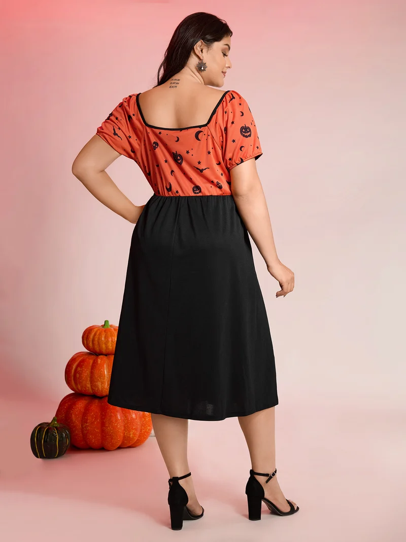Scary Halloween Print Colorblock Midi Dress