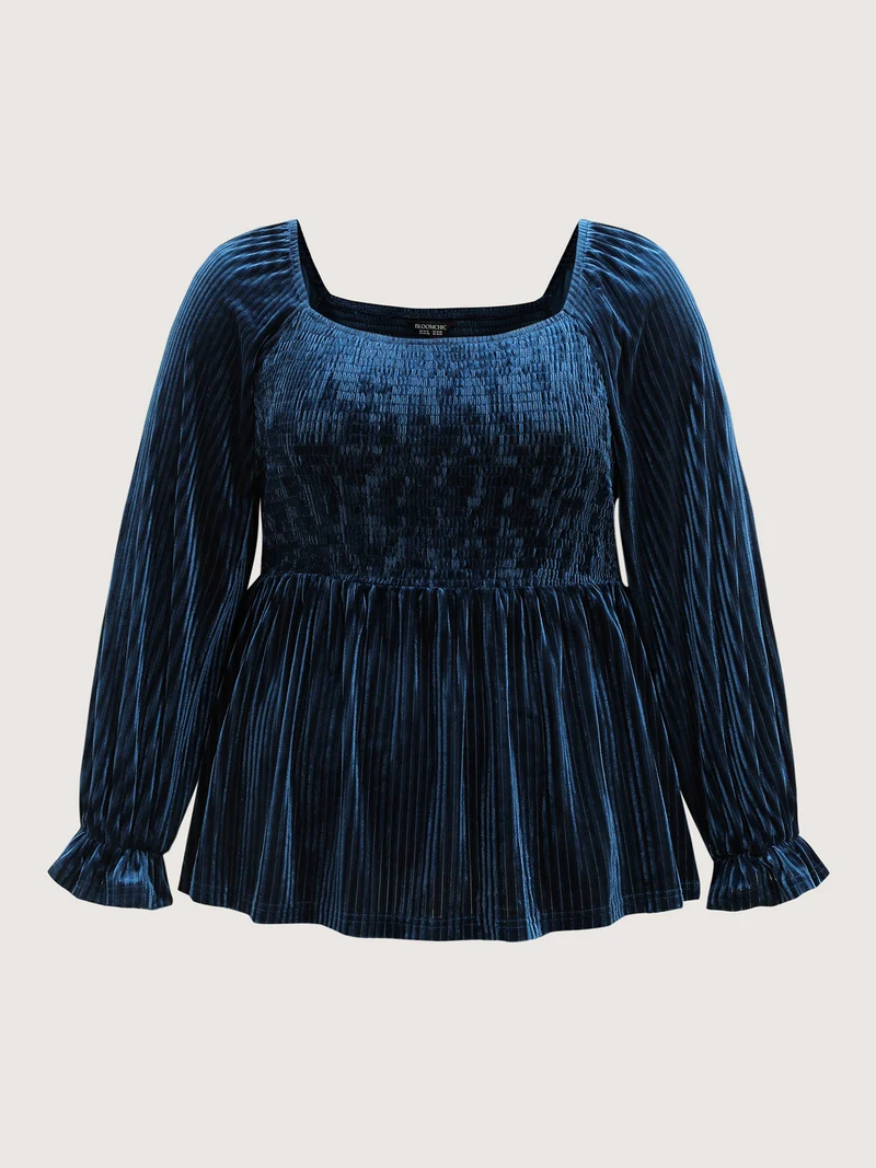 Velvet Shirred Bodice Stretchy Waist Blouse