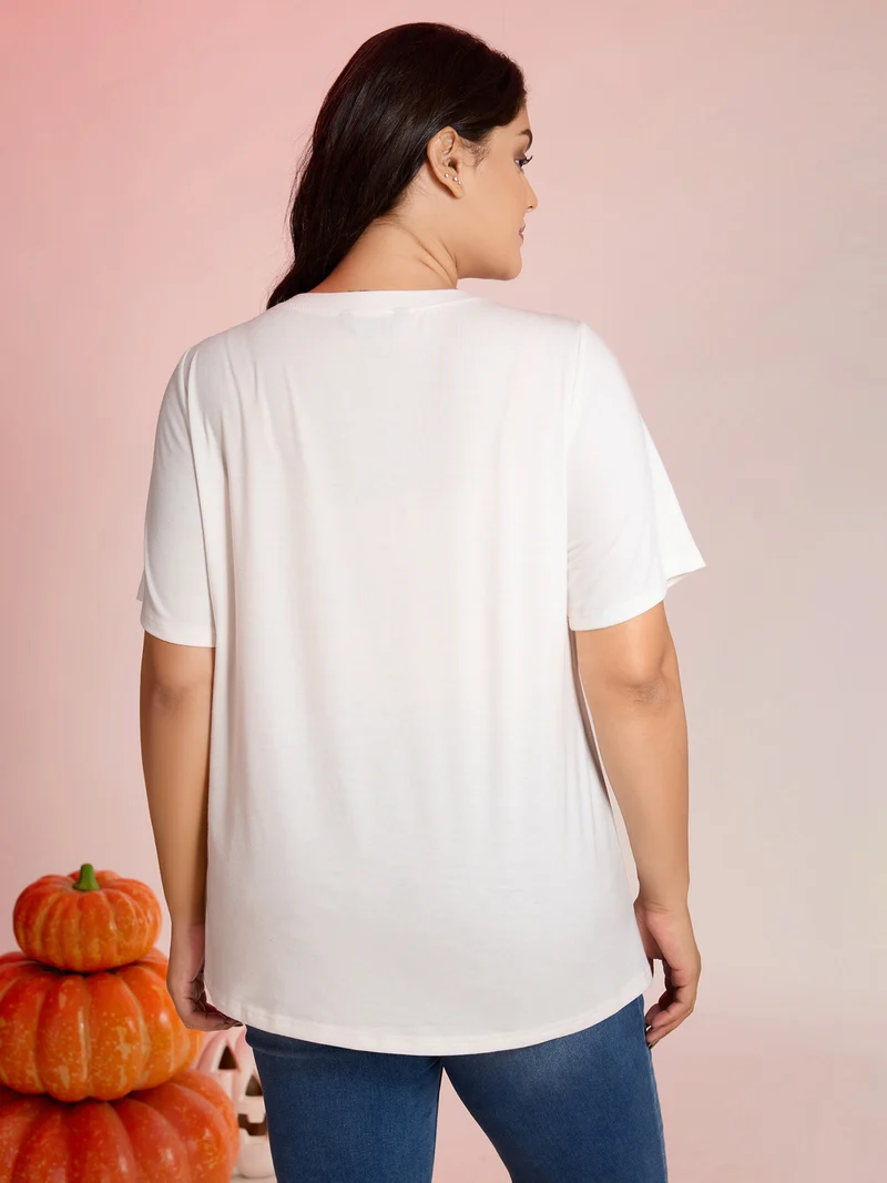 Halloween Cat Print Round Neck T-Shirt