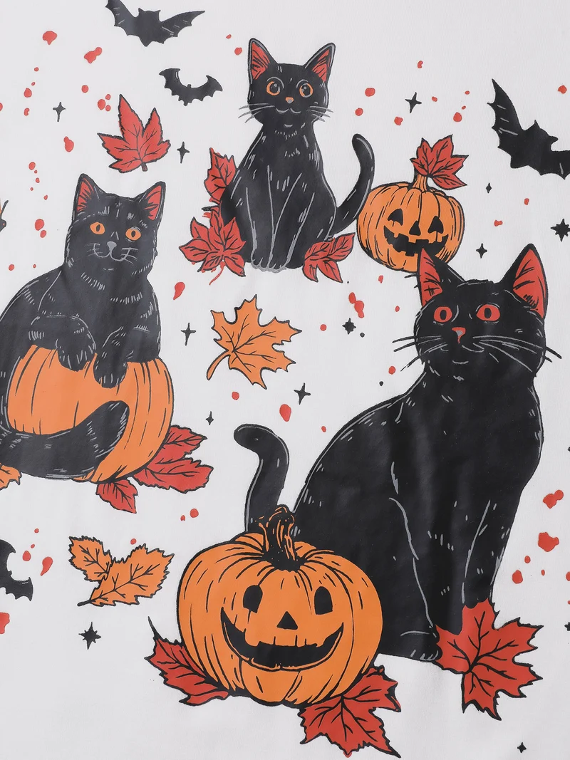 Halloween Cat Print Round Neck T-Shirt