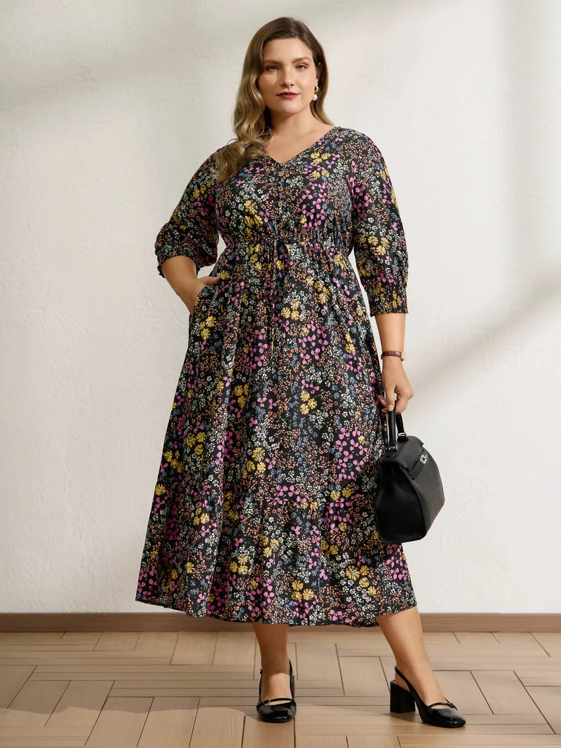 Floral Print Smocked Pockets Maxi Dress