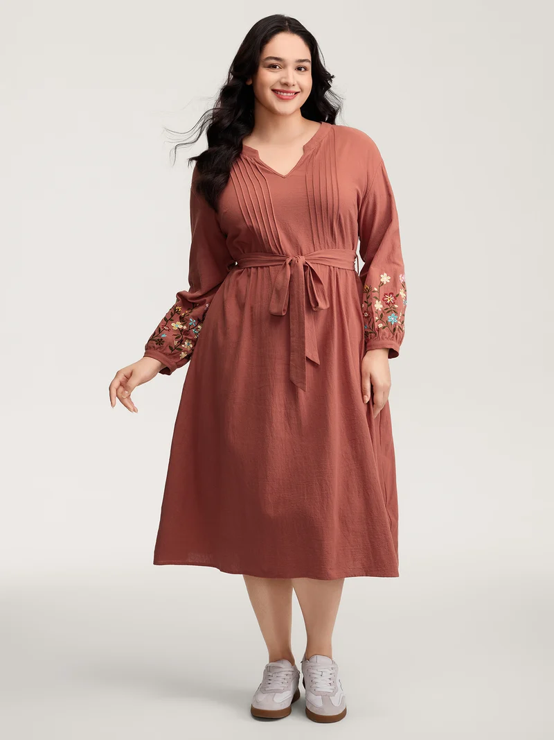 Cotton Embroidered Sleeve Waist-Tie Midi Dress