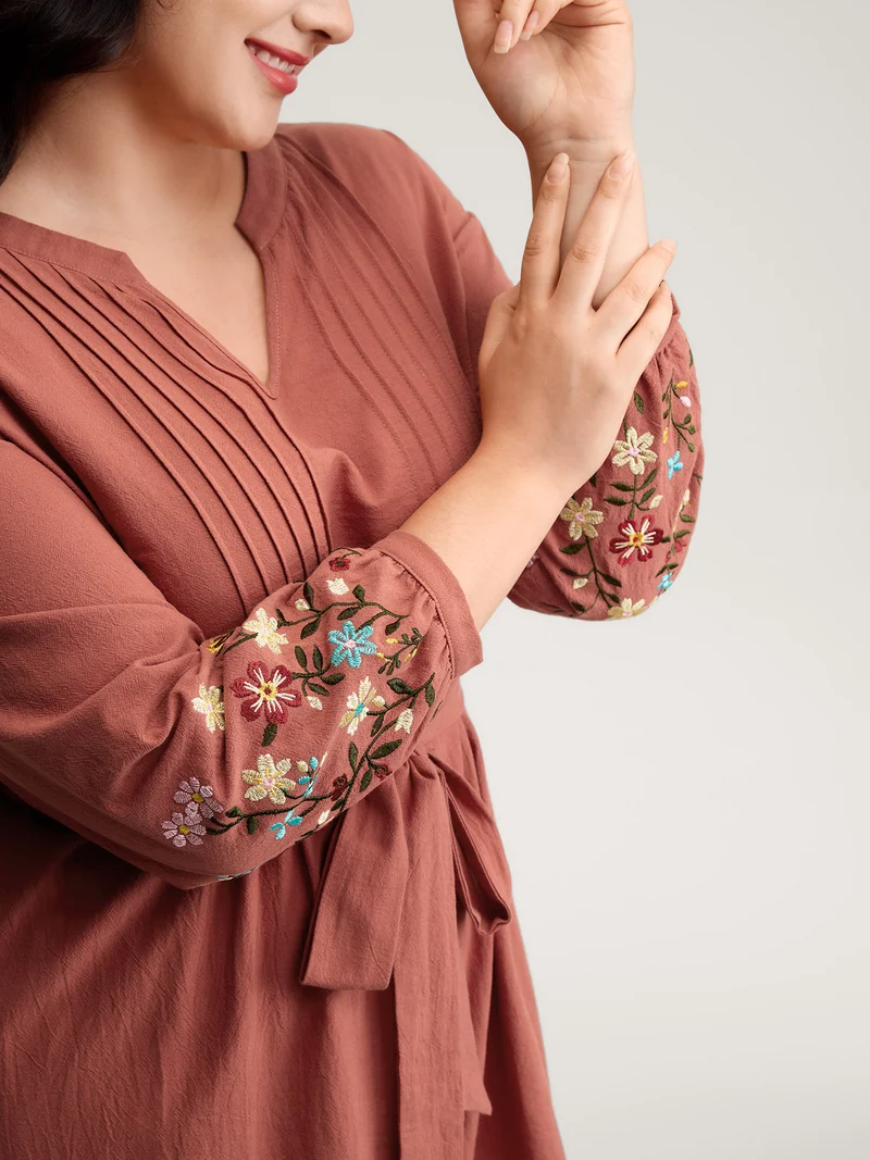 Cotton Embroidered Sleeve Waist-Tie Midi Dress