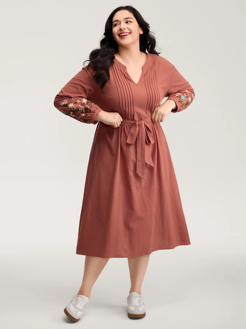 Cotton Embroidered Sleeve Waist-Tie Midi Dress