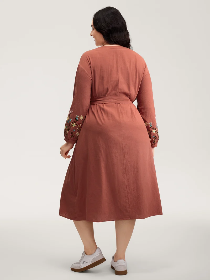 Cotton Embroidered Sleeve Waist-Tie Midi Dress