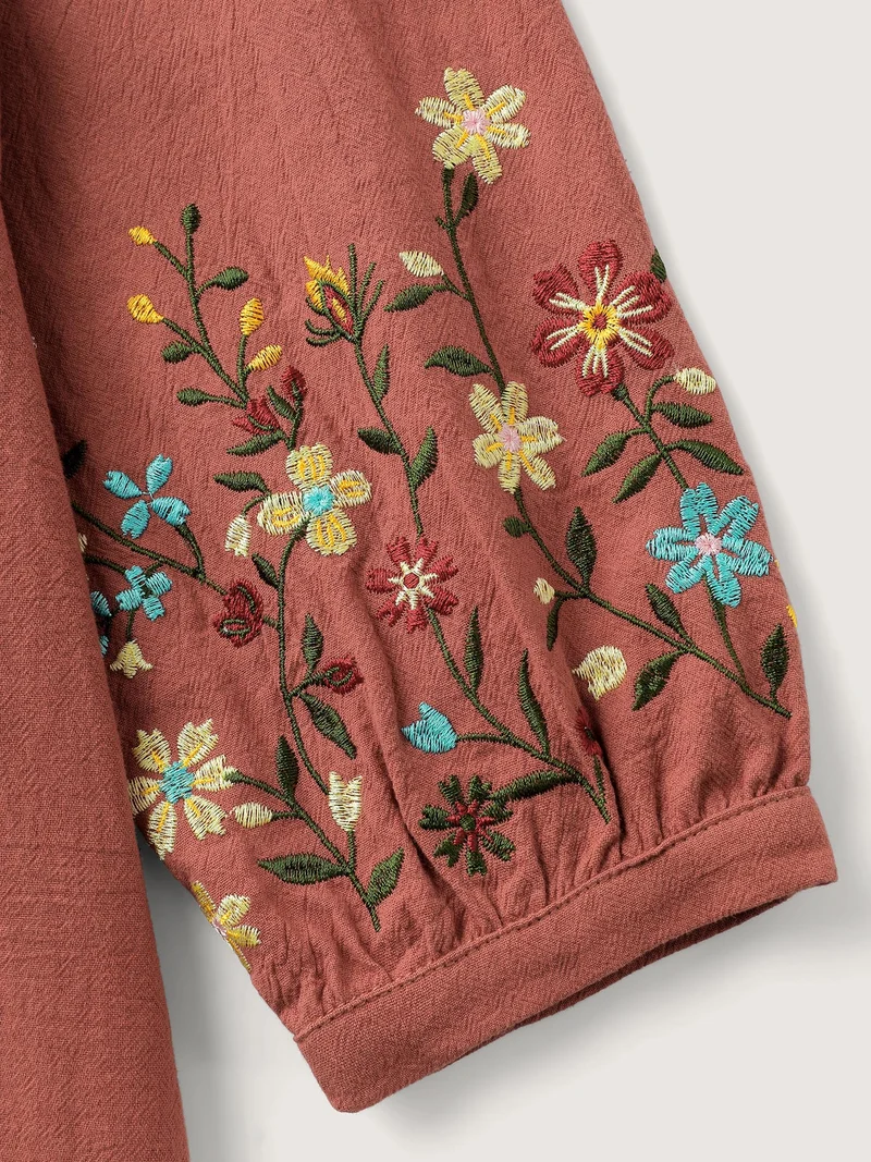 Cotton Embroidered Sleeve Waist-Tie Midi Dress