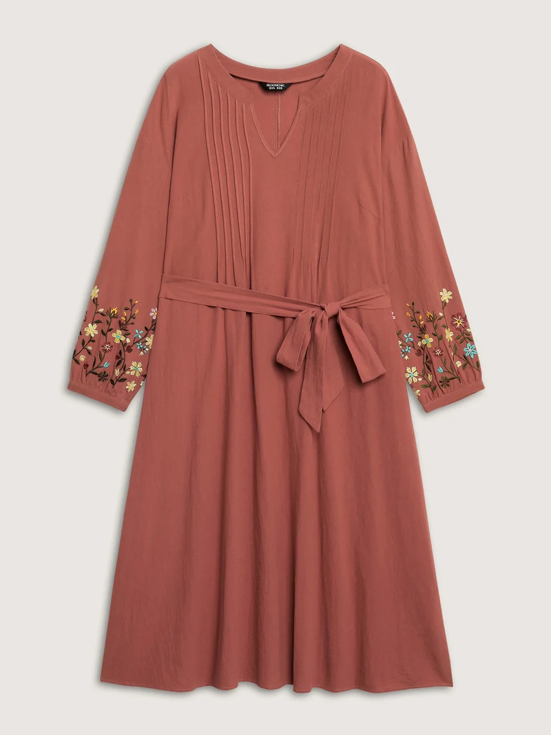 Cotton Embroidered Sleeve Waist-Tie Midi Dress