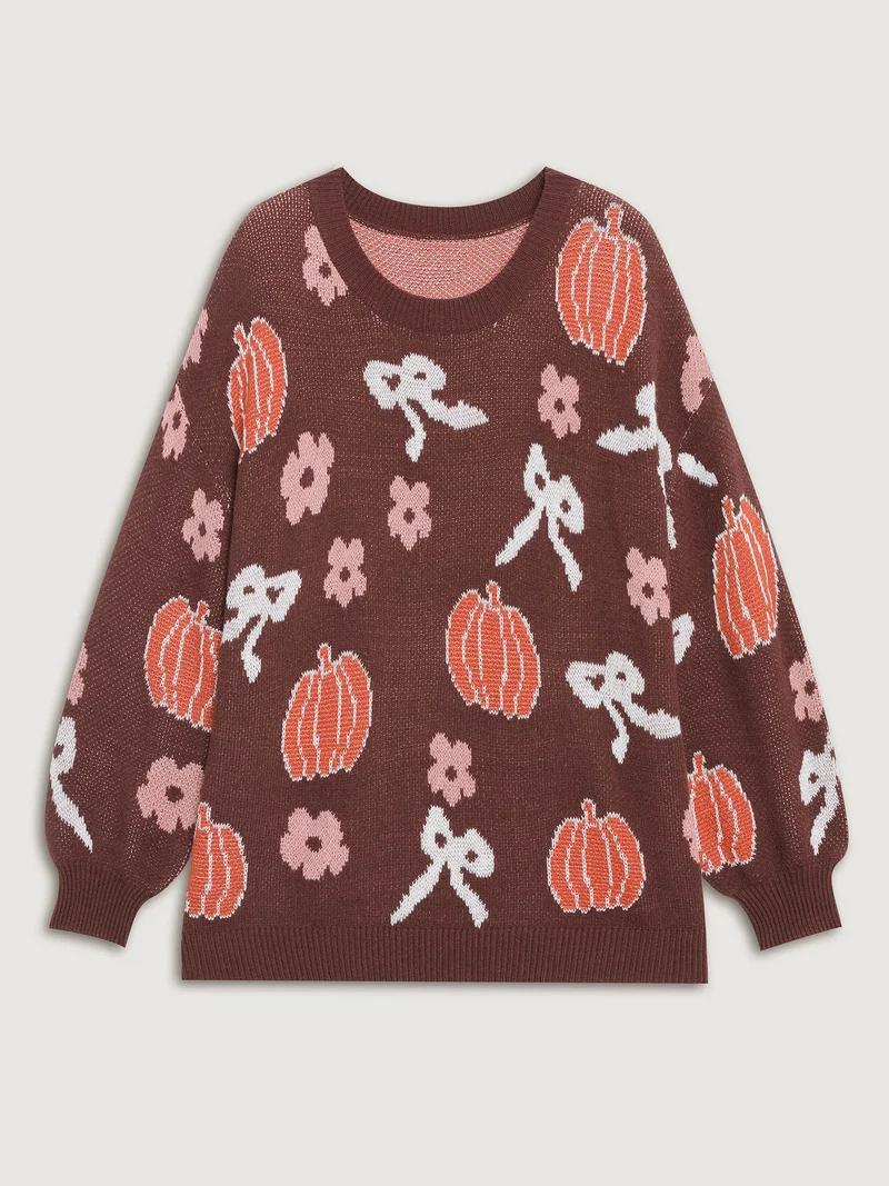 Pumpkin Print Ribbed Hem Pullover