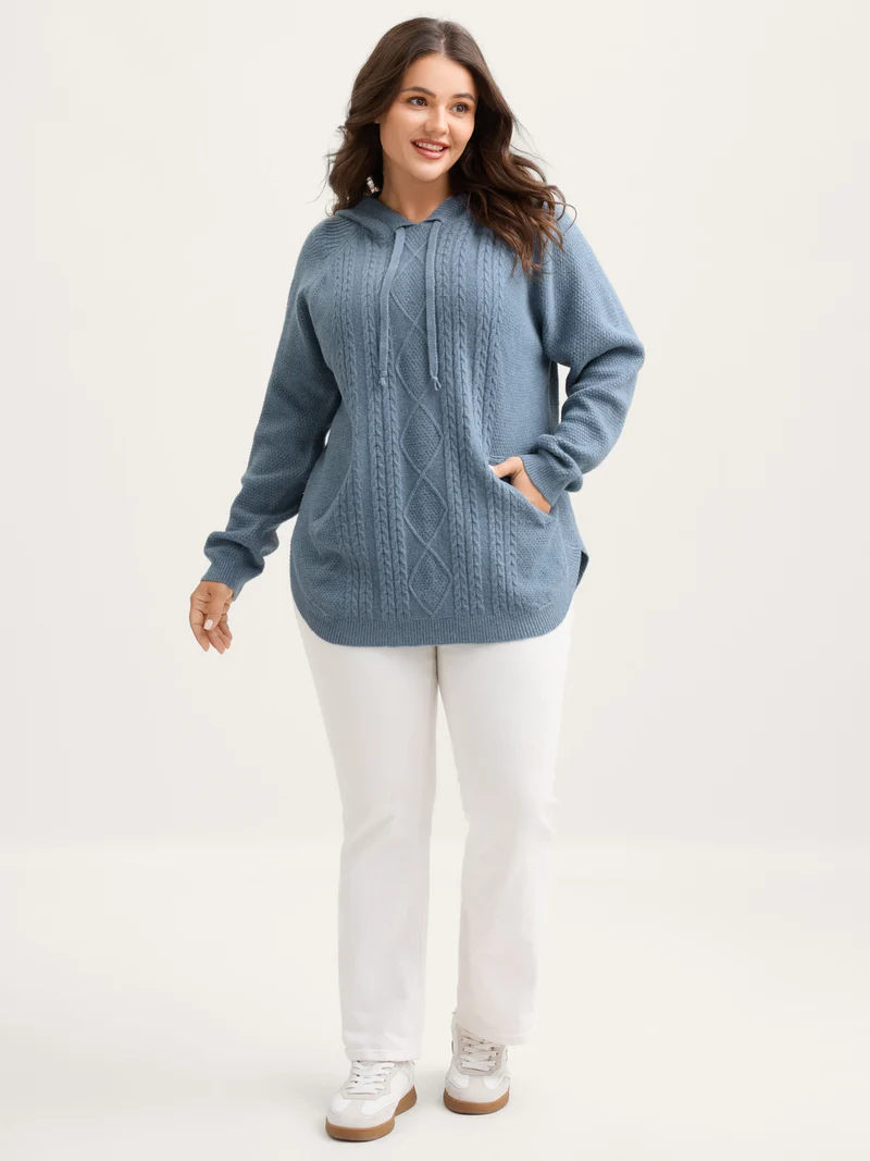 Cable Knit Curvy Hem Hooded Pullover