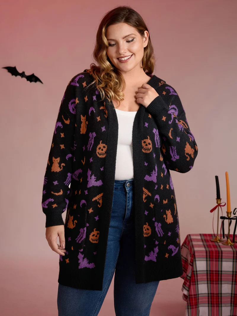 Halloween Party Print Hooded Pocket Cardigan
