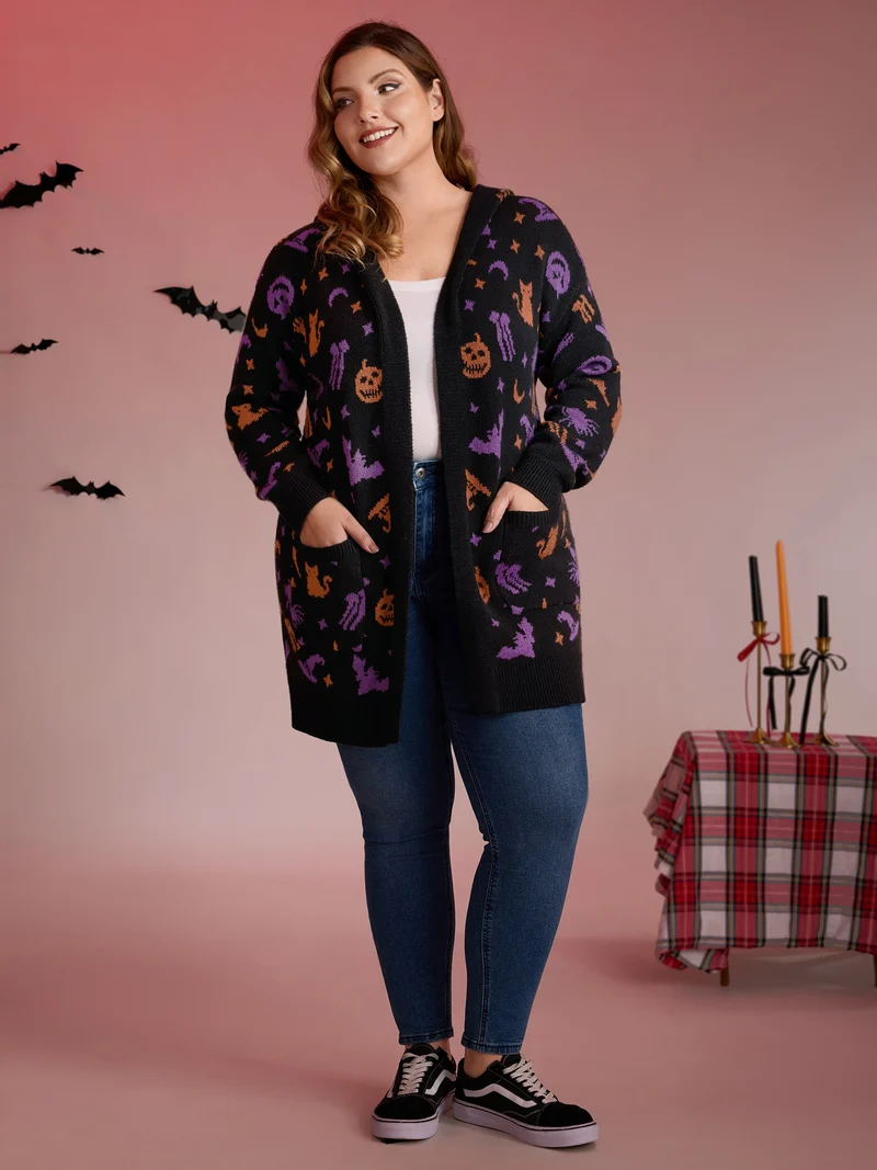 Halloween Party Print Hooded Pocket Cardigan