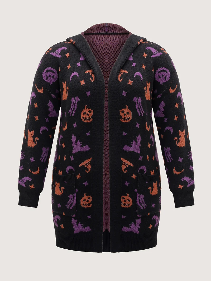 Halloween Party Print Hooded Pocket Cardigan