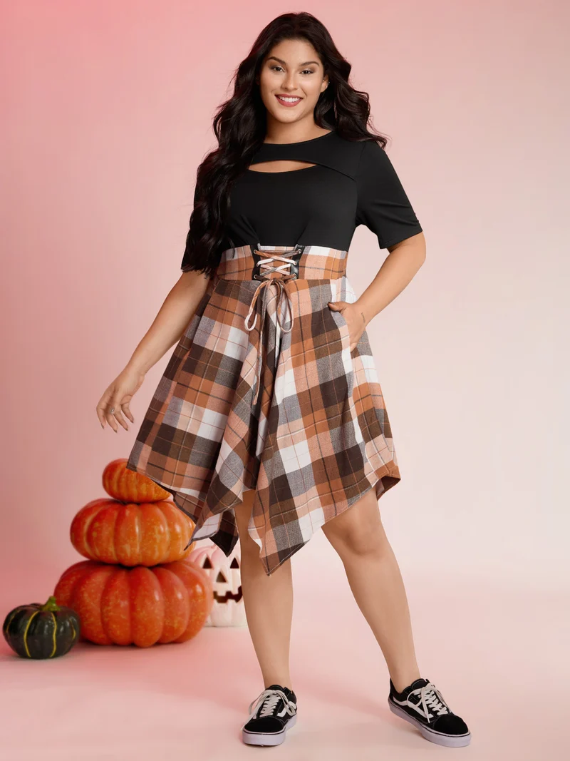 Halloween Plaid Wide Waistband Tie Midi Dress