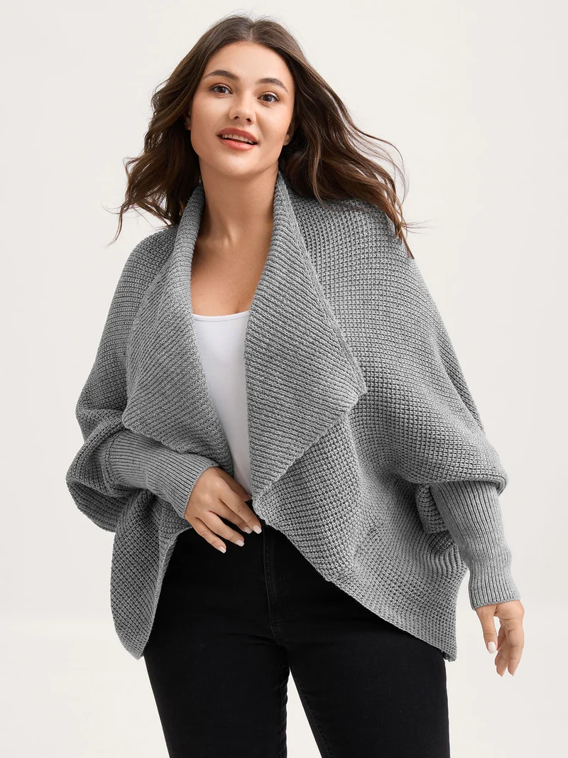 Folded Collar Textured Open-Front Knit Cardigan