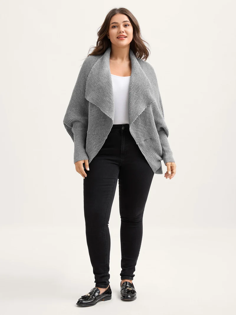 Folded Collar Textured Open-Front Knit Cardigan