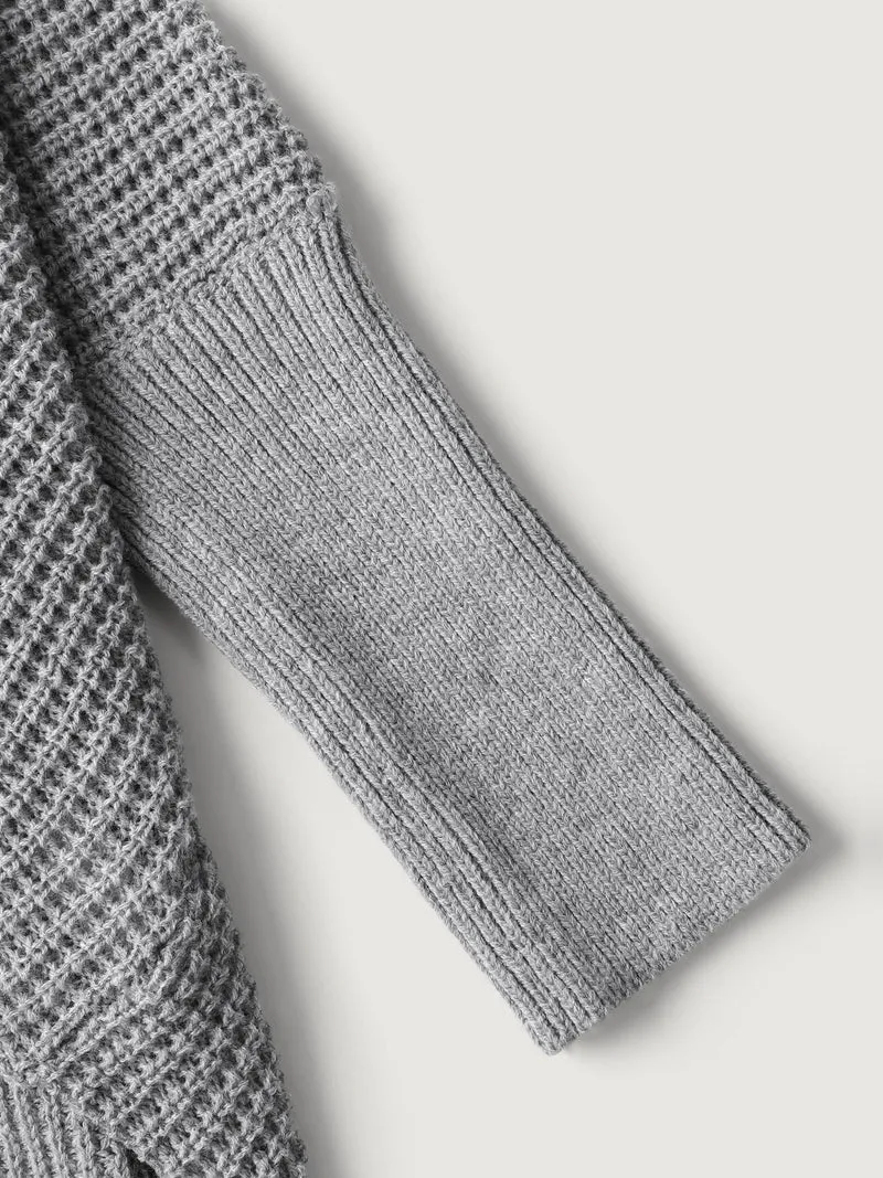 Folded Collar Textured Open-Front Knit Cardigan