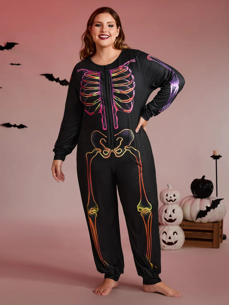Colorful Skeleton Print Zipper Lounge Jumpsuit