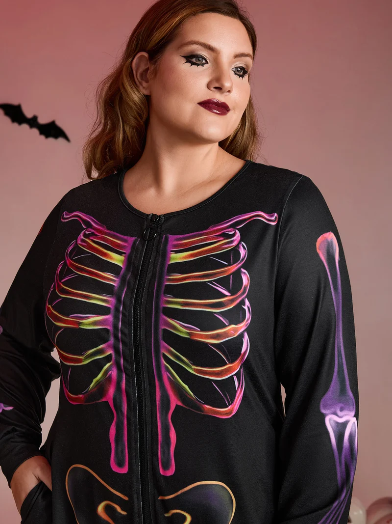 Colorful Skeleton Print Zipper Lounge Jumpsuit