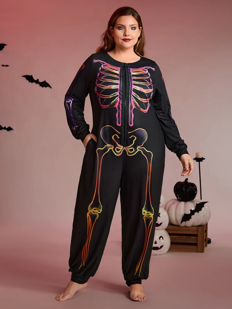Colorful Skeleton Print Zipper Lounge Jumpsuit