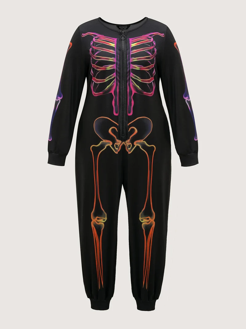 Colorful Skeleton Print Zipper Lounge Jumpsuit