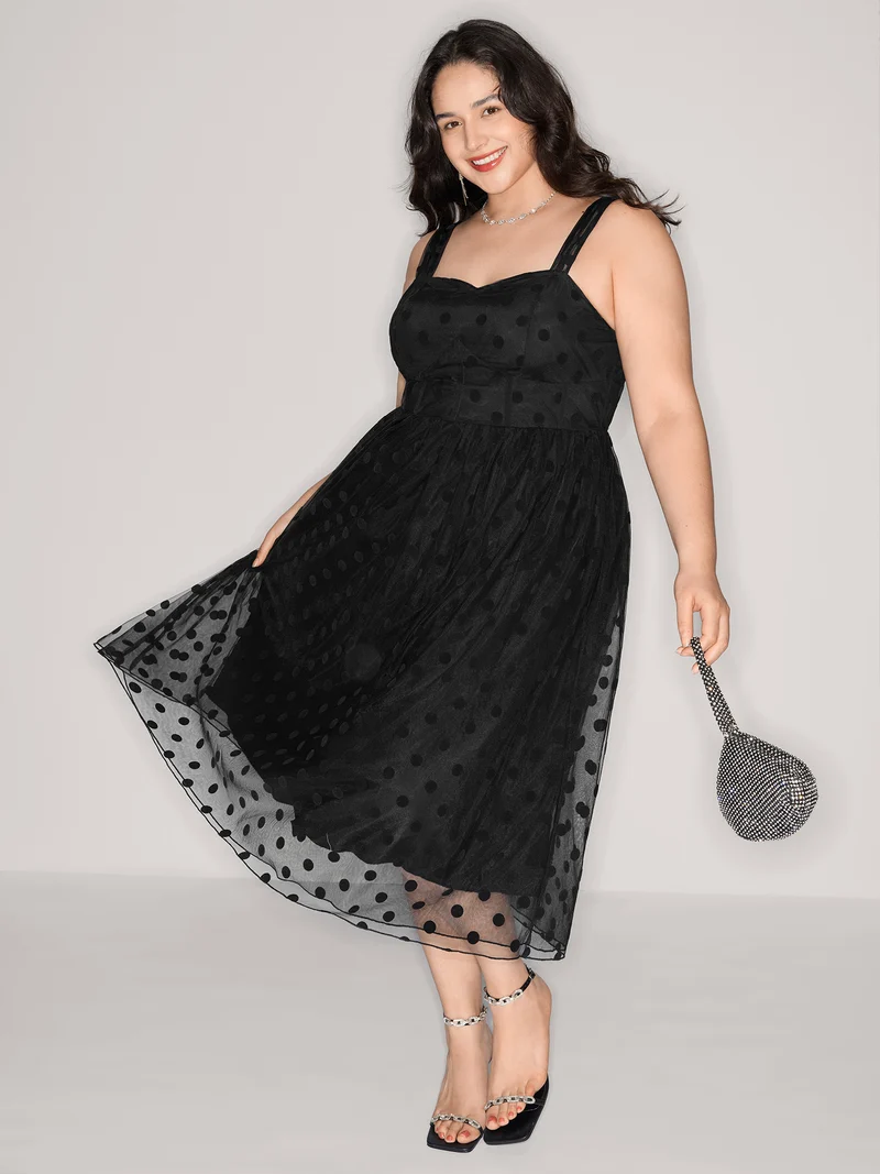 Polka Dots Structured Corset Detail Midi Dress