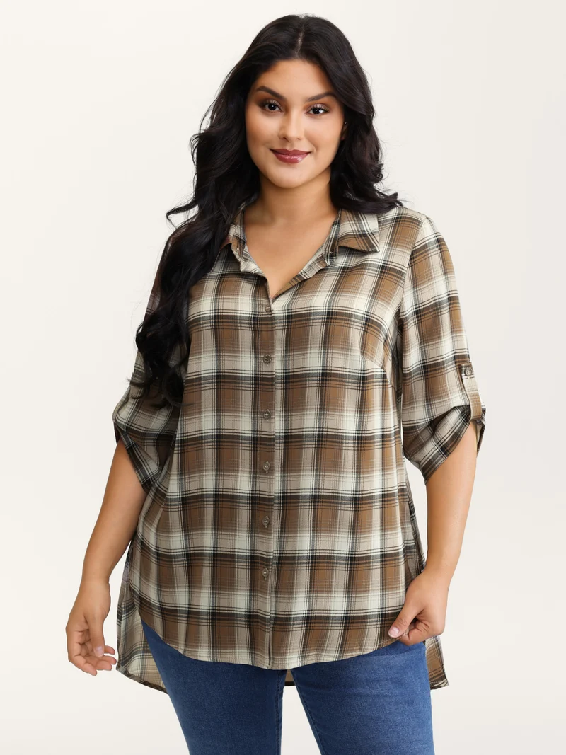 Plaid Pattern Button-Down Tunic Shirt