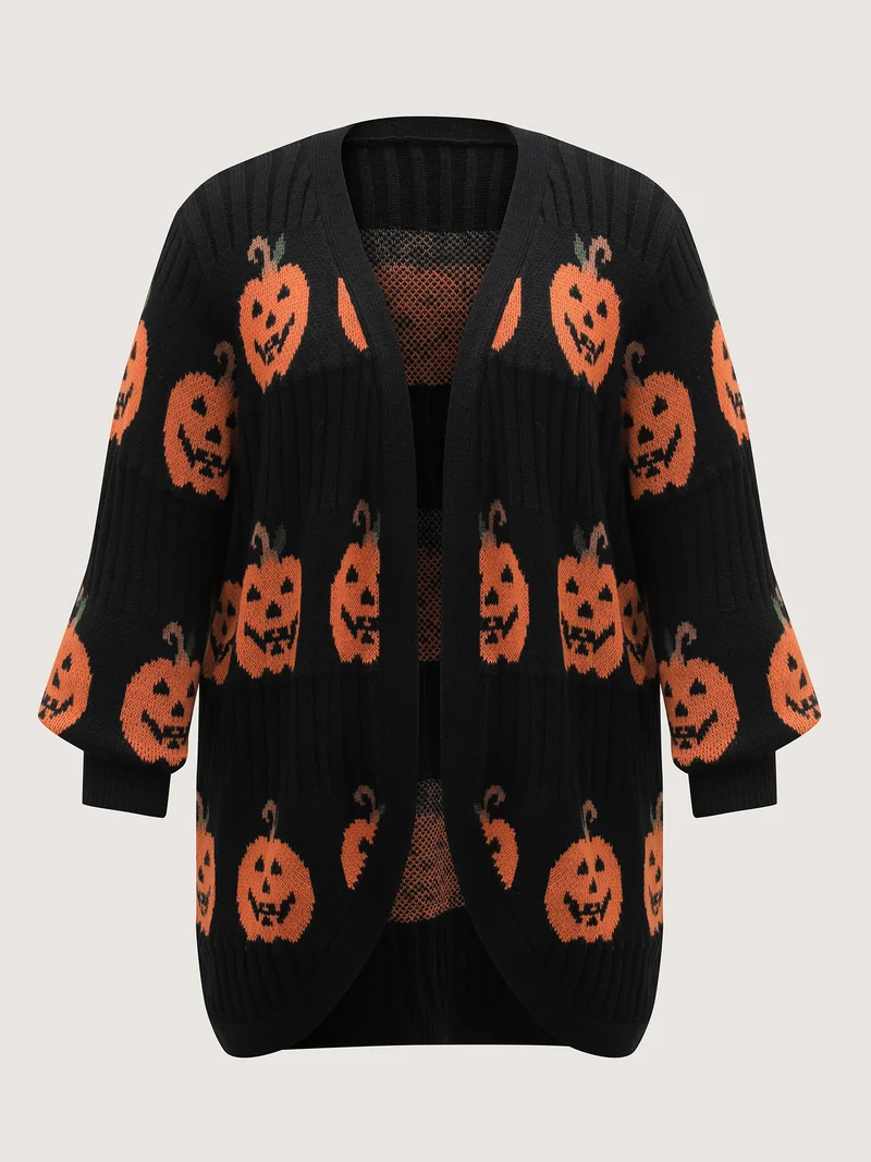 Haunted Pumpkin Print Curvy Hem Knit Cardigan