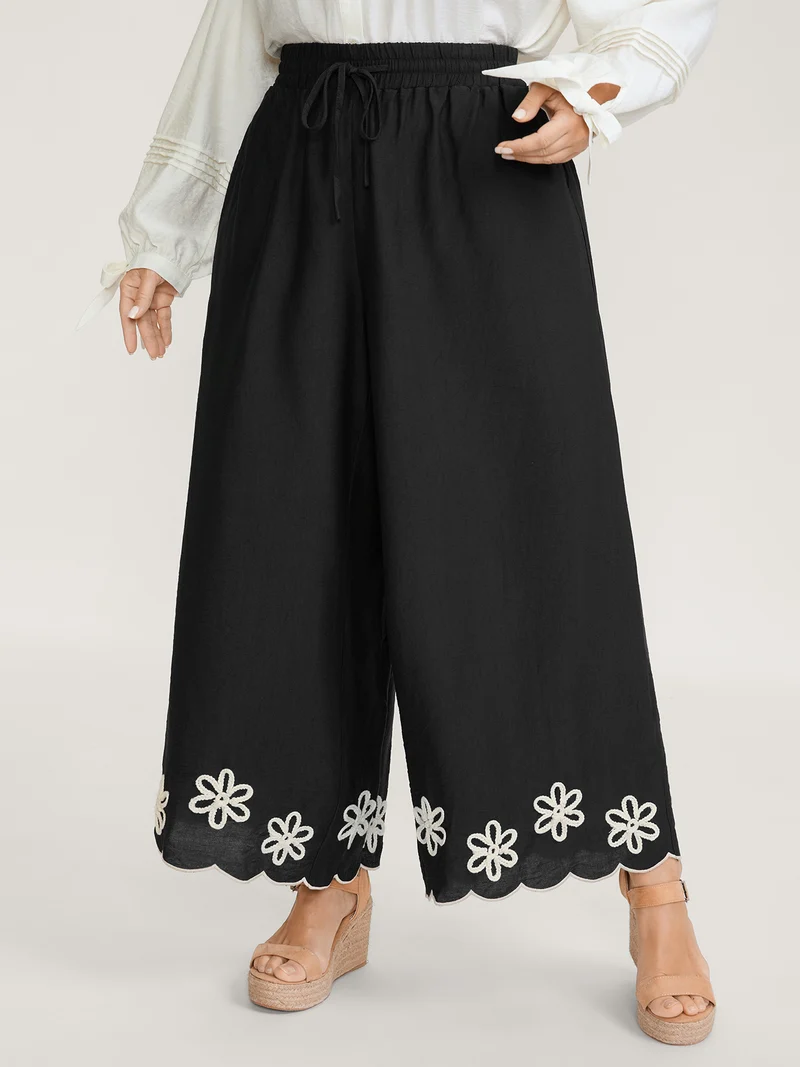 Floral Embroidered Hem Drawstring Pants