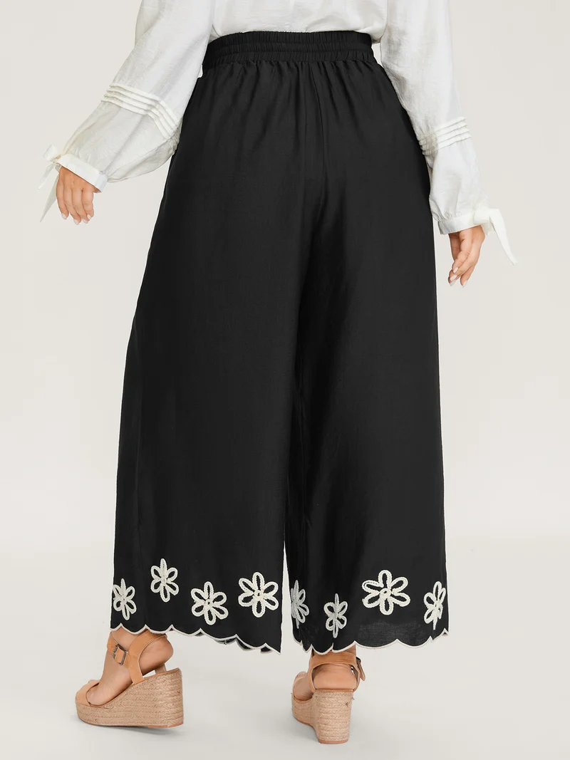 Floral Embroidered Hem Drawstring Pants