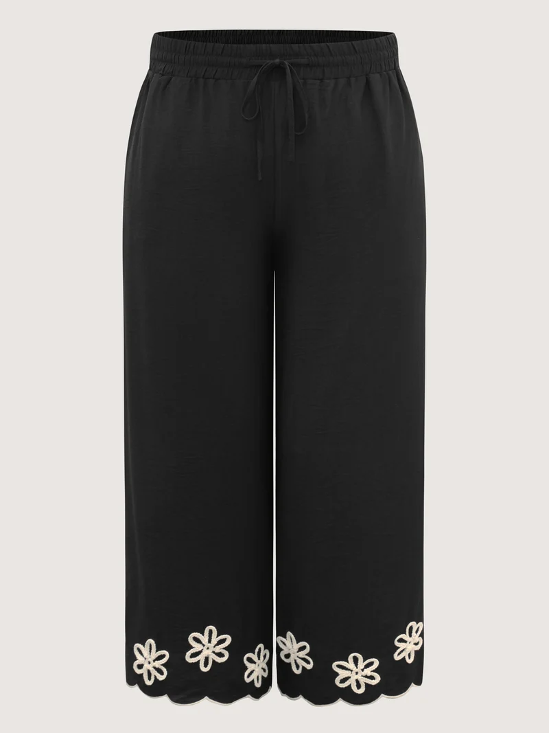 Floral Embroidered Hem Drawstring Pants