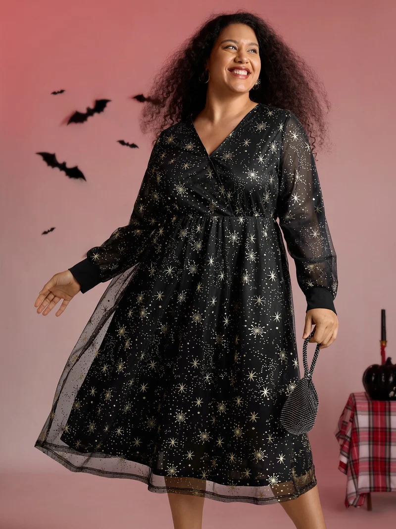 Star Moon Mesh Cinched-Waist Midi Dress