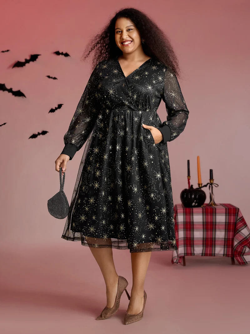 Star Moon Mesh Cinched-Waist Midi Dress