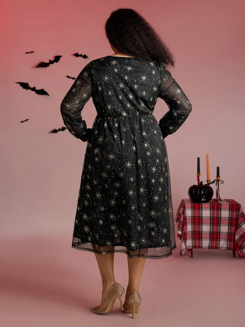 Star Moon Mesh Cinched-Waist Midi Dress