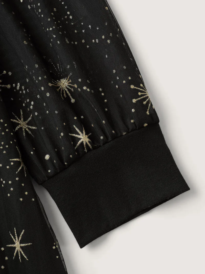Star Moon Mesh Cinched-Waist Midi Dress