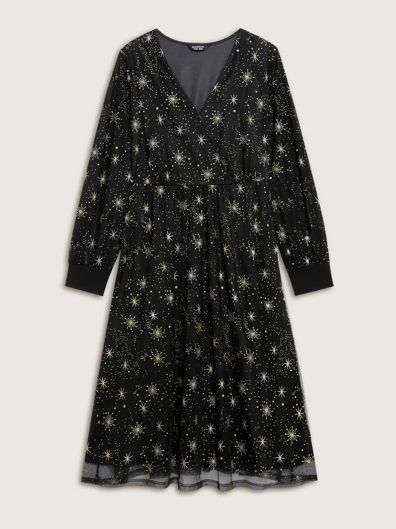 Star Moon Mesh Cinched-Waist Midi Dress
