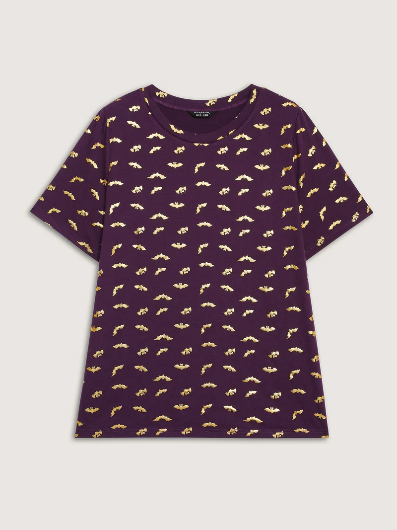 Shimmery Gold Bat Print Crewneck T-Shirt