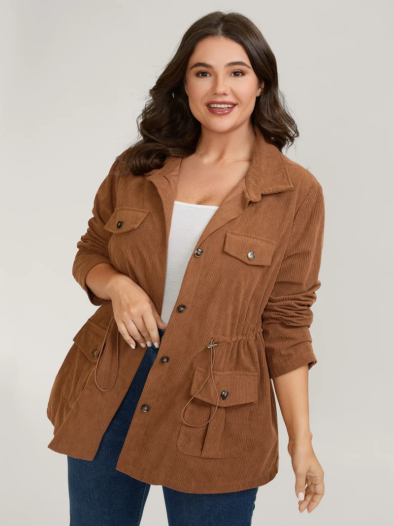 Corduroy Drawstring Adjustable Button Jacket