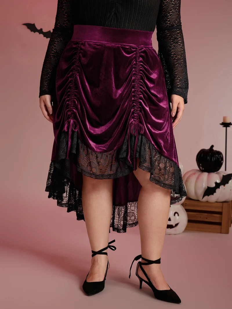 Velvet Lace Ruffled Gathered Midi Skirt