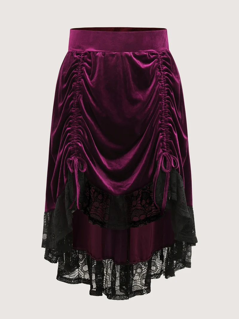 Velvet Lace Ruffled Gathered Midi Skirt